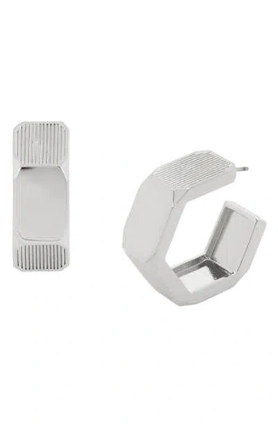 Allsaints Textured Medium Hexagon Hoop Earrings In Silver