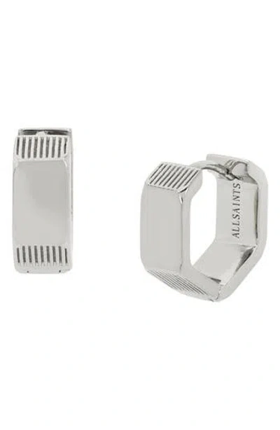 Allsaints Textured Small Hexagon Hoop Earrings In Silver