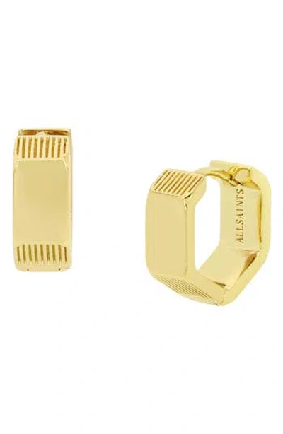 Allsaints Textured Small Hexagon Hoop Earrings In Gold