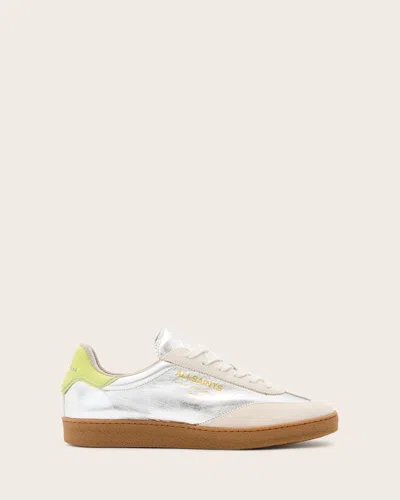 Allsaints Thelma Metallic Low Top Trainers In Silver/off White