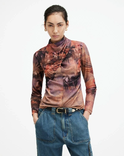 Allsaints Tia High Neck Wrap Over Mesh Colca Top In Canyon Purple