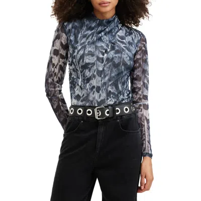 Allsaints Tia Long Sleeve Mesh Top In Inez Blue