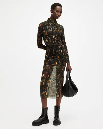 Allsaints Tia Mesh Printed Midi Dress In Kateri Hazel Brown