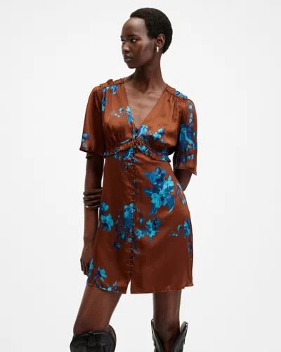 Allsaints Tian Iona Silk Blend Mini Dress In Rust Red