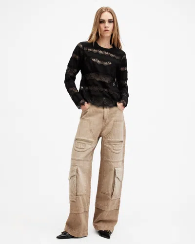 Allsaints Tiff Lace Panelled Sheer Top In Black
