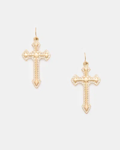 Allsaints Tilley Pearl Cross Pendant Earrings In Warm Brass/white
