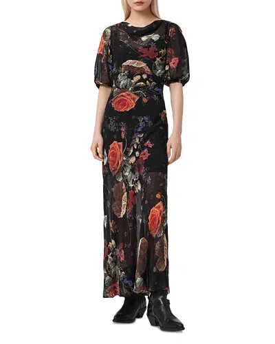 Allsaints Tiwa Floral Midi Dress In Black