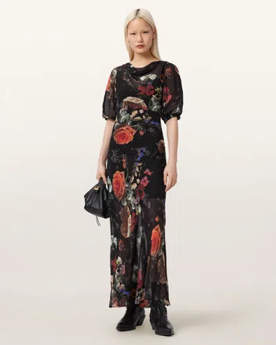 Allsaints Womens Haze Black Tiwa Floral-print Silk-blend Maxi Dress