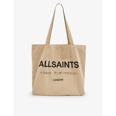 Allsaints Underground Logo Text-print Cotton Tote Bag In Toffee Taupe/b