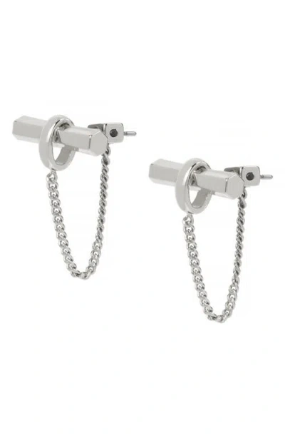 Allsaints Chain Swag Toggle Bar Front To Back Earrings In Rhodium Plated
