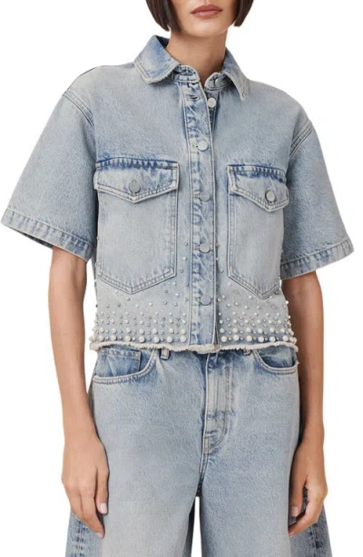 Allsaints Tove Embellished Short Sleeve Oversize Denim Button-up Shirt In Light Indigo