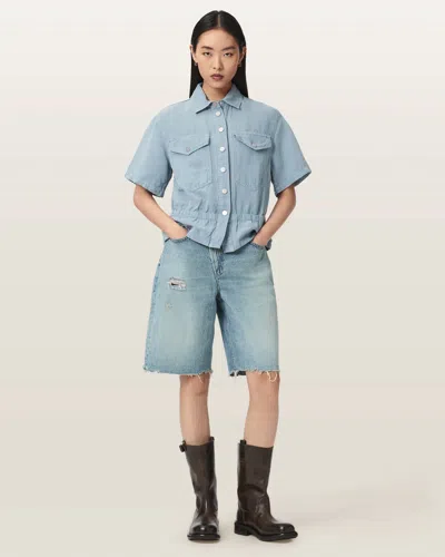 Allsaints Tove Short Sleeve Linen Blend Shirt In Blue