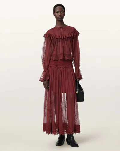 Allsaints Trixie Lace Midi Skirt In Red