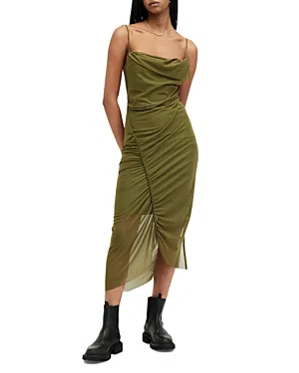 Allsaints Ulla Mesh Midi Dress In Olive Green | ModeSens