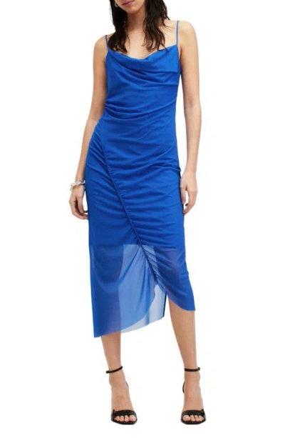 Allsaints Ulla Mesh Draped Midi Dress In Electric Blue