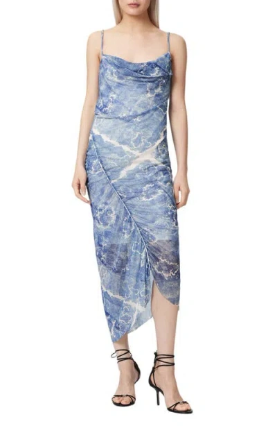 Allsaints Ulla Paisley Print Ruched Asymmetric Hem Midi Dress In Blue