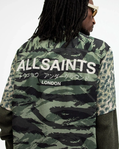 Allsaints Underground Camouflage Print Logo Shirt In Ash Khaki Green