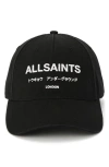 Allsaints Underground Logo Adjustable Cotton Canvas Baseball Cap In Black