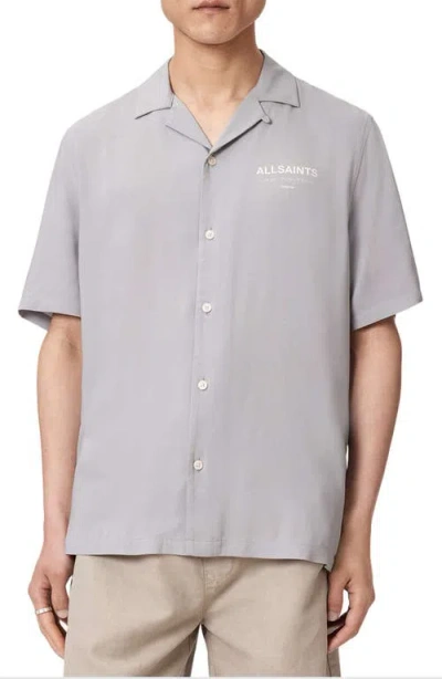 Allsaints Mens Clouded Grey Underground Logo-print Relaxed-fit Woven Shirt In Gray