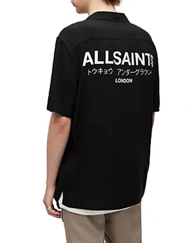ALLSAINTS UNDERGROUND LOGO PRINT RELAXED FIT BUTTON DOWN CAMP SHIRT