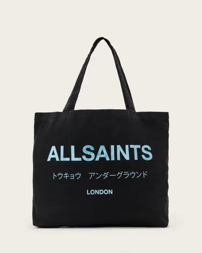 Allsaints Underground Logo Printed Tote Bag In Jet Black/blue