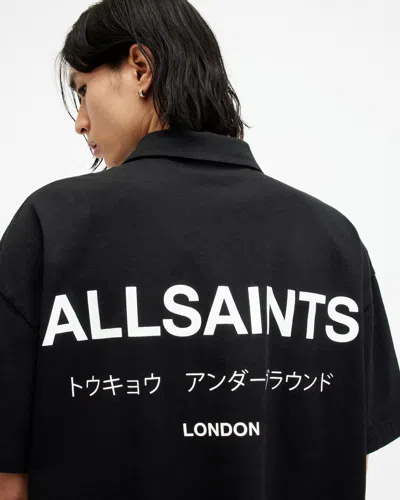 Allsaints Underground Logo Relaxed Fit Polo Shirt In Jet Black