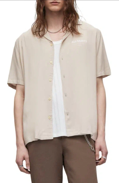 Allsaints Underground Logo Short Sleeve Camp Shirt In Clifftop Taupe