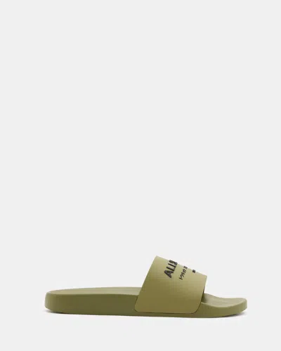 Allsaints Underground Logo Slip On Slides In Khaki