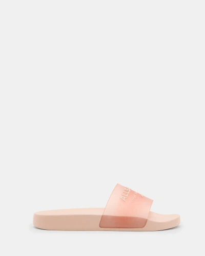 Allsaints Underground Logo Slip On Slides In Pale Rose Pink