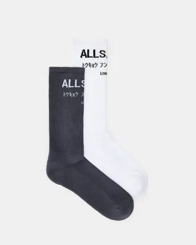 Allsaints Underground Logo Socks 2 Pack In Ashy Blue/white