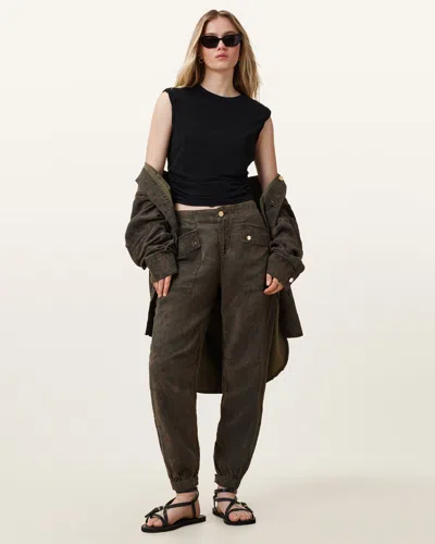 Allsaints Val High-rise Cargo Linen Blend Pants In Styx Leo Green