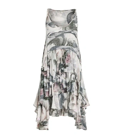 Allsaints Womens Chalk White Cavarly Valley Graphic-print Ruffle-trim Woven Mini Dress