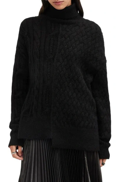Allsaints Varla Turtleneck Cable Alpaca Blend Sweater In Black