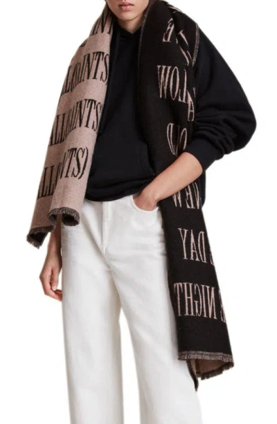 Allsaints Varsity Woven Wool Blend Scarf In Blush Black