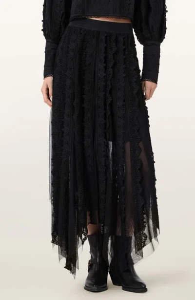 Allsaints Vashtie Mixed Lace Handkerchief Hem Skirt In Black