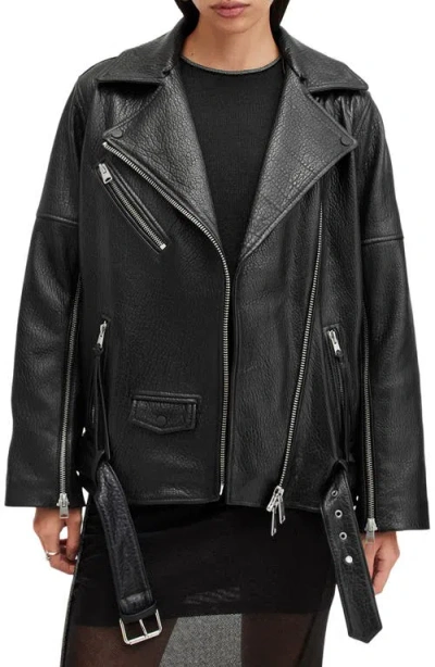 Allsaints Vendra Relaxed Fit Leather Biker Jacket In Black
