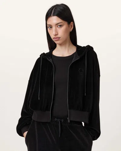 Allsaints Vinny Relaxed Fit Zip Up Velvet Hoodie In Black