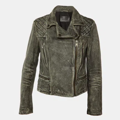 Pre-owned Allsaints Vintage Grey Leather Cargo Biker Jacket M In Gray