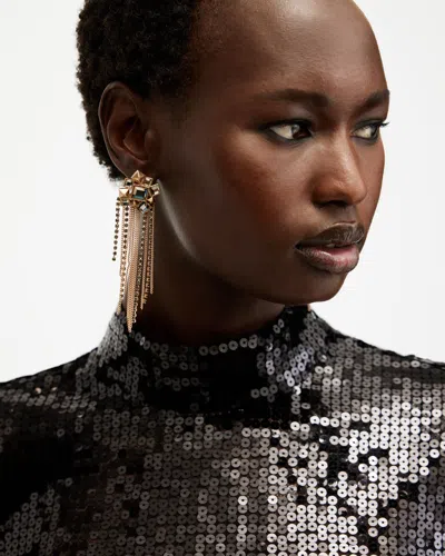 Allsaints Viola Statement Chain Fringed Earrings In Warm Brass