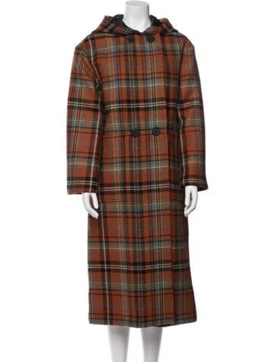 Pre-owned Allsaints Virgin Wool Plaid Print Trench Coat W/ Tags In Brown