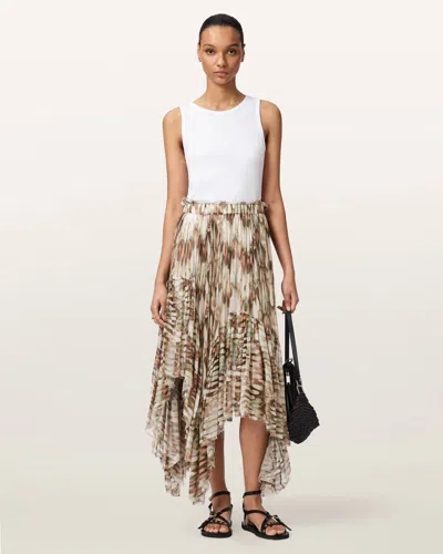 Allsaints Viscose Danae Asymmetric Tiered Midi Skirt In Brown