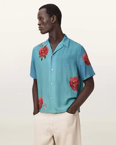 Allsaints Viscose Fleur Fazed Boxy Short Sleeve Shirt In Blue