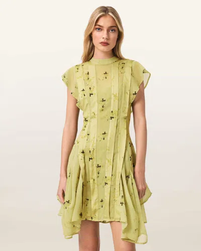 Allsaints Womens Empoli Yellow Fleur Floral-print Asymmetric-hem Woven Mini Dress