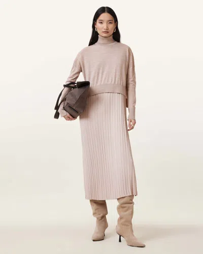 Allsaints Vittoria 2-in-1 Pleated Midi Dress In Fawn Brown