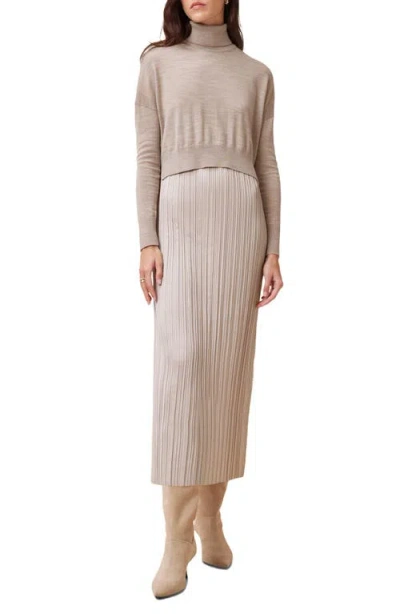 Allsaints Vittoria Merino Wool High-low Sweater & Micropleat Midi Dress Set In Fawn Brown