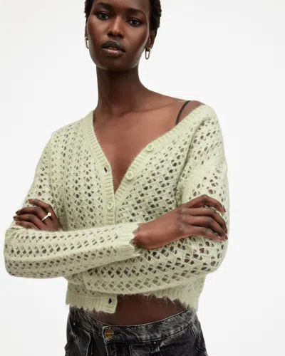 Allsaints Vivian Open Stitch V-neck Cardigan In Earth Green