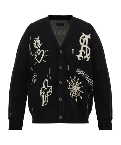 Allsaints Staged Intarsia Organic Cotton Button Front Cardigan In Multi