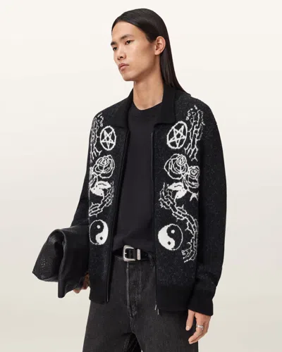 Allsaints Warner Jacquard Wool Cardigan In Black