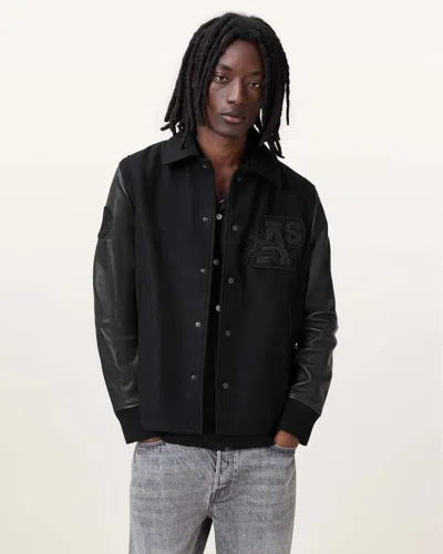 Allsaints Warrenton Leather Sleeve Bomber Jacket In Black