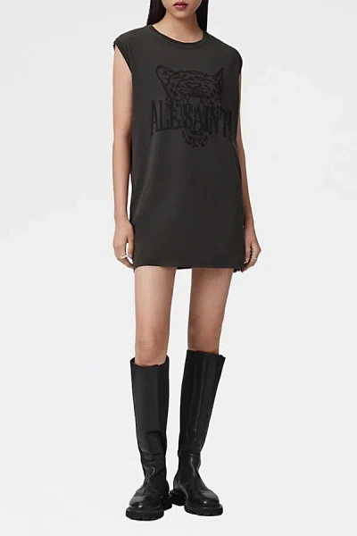 Allsaints Graphic-print Sleeveless Mini Dress In Gray